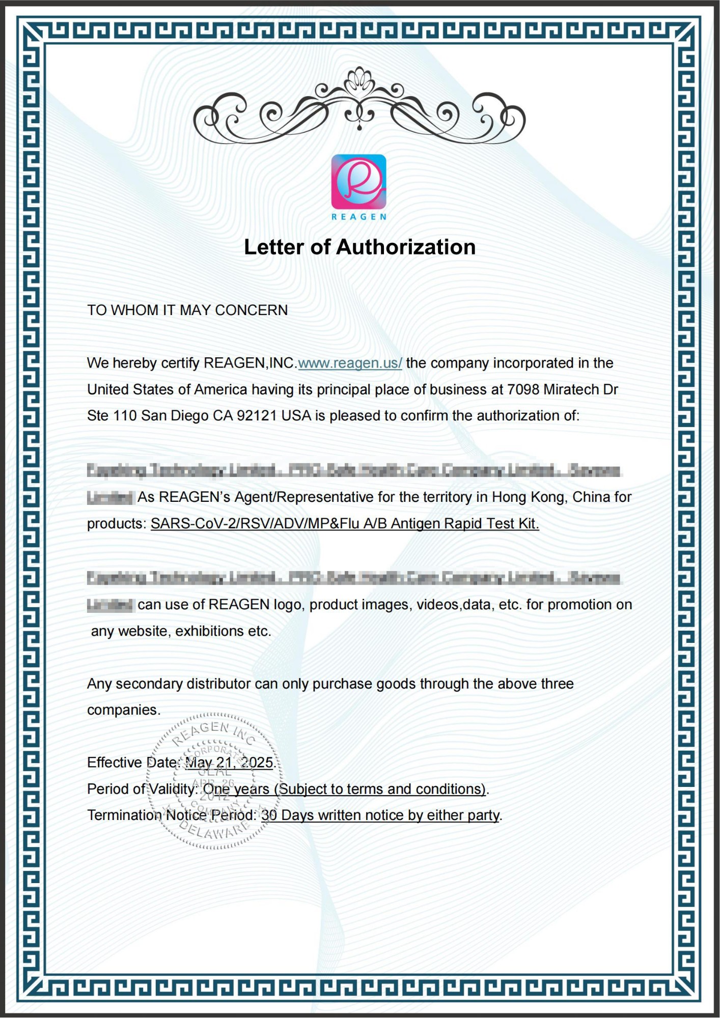REAGEN Letter of Authorization
